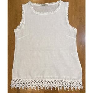Valentina Naldi Women's L 100% Linen Tank Top White Crochet Lace Pom Pom Italy